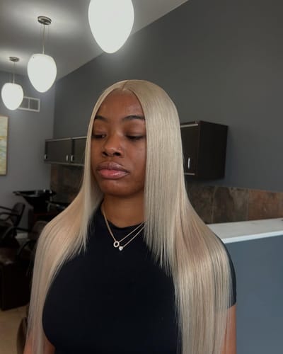 Customer photo review of Long Straight #613 Glueless Wig Smaller Knots 5x5 Swiss HD Pre-Cut Lace 24-26" Platinum Blonde