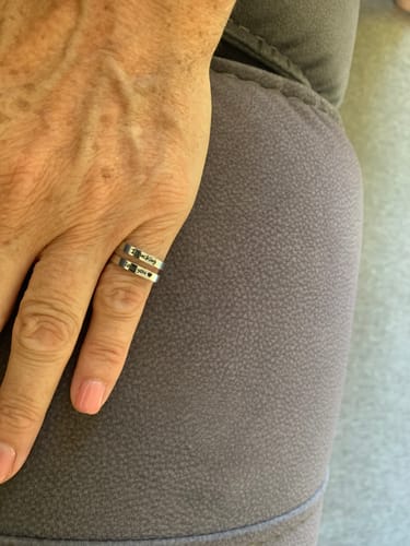 A reviewer's hand wearing the two-band I F♡cking Love You Ring on their finger.