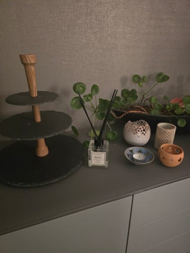 Recensent toont de Istanbul Bosphorus geurstokjes op een grijs dressoir naast planten en decoratieve items.