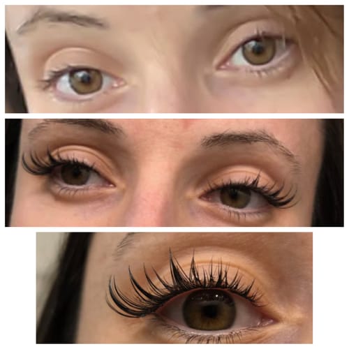 Reviewer's before-and-after photos applying Manga lash clusters for a dramatic, voluminous effect.