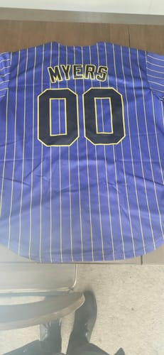 Customer's purple pinstripe baseball jersey showing the back with the name 'MYERS' and the number '00' in black and gold.