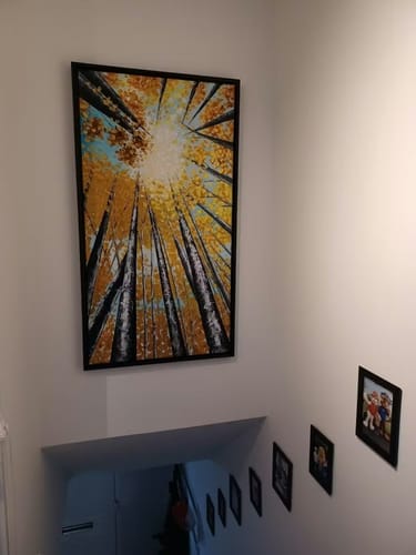 Customer photo review of Sunshine-Autumn Birch Tree Forest Oil Painting,Vertical Wall Art with Sunlight Through Treetops for Home Decor