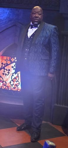 Customer photo review of Tie2you Blue Rhinestone Solid Velvet V-Neck Mens Vest Bowtie Set