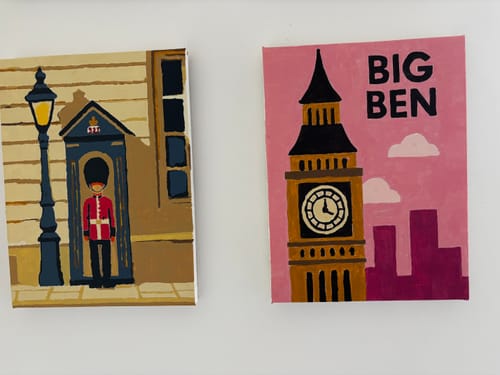Customer's two completed mini paintings from the London set, one showing a Queen's Guard and the other showing Big Ben.