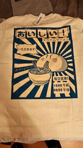 Customer's Ramen Gobbler T-Shirt laid out flat, showing the large Japanese-inspired graphic on the back.