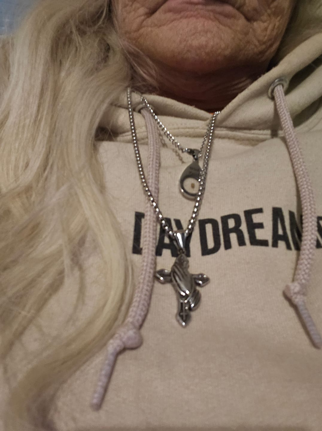 Customer photo review of Christianartworkshop Praying Hands Cross Stainless Steel Pendant Necklace