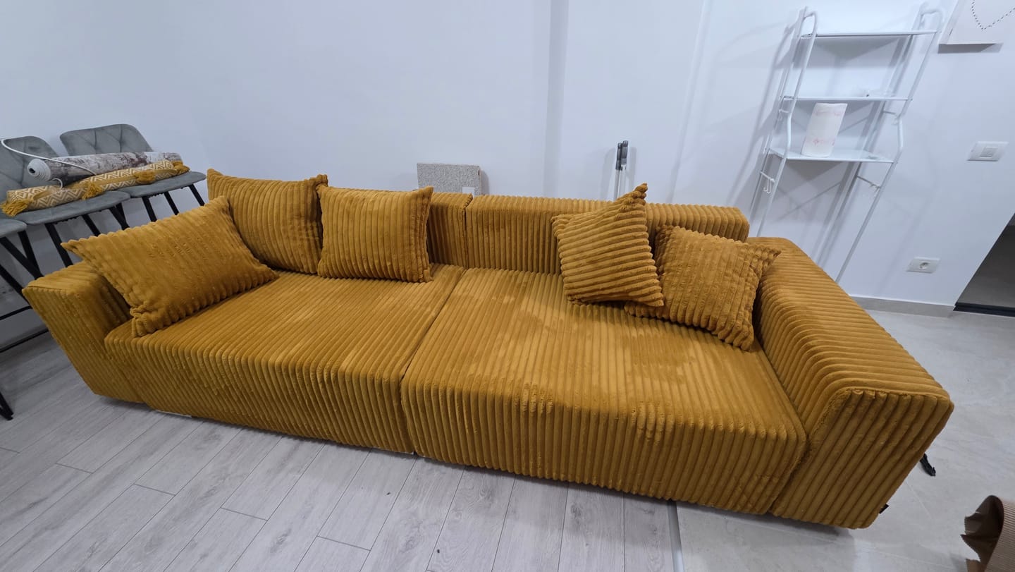 Customer photo review of Canapea extensibilă dumonde cu ladă de depozitare si sezut confortabil din spuma HR, Marbela Ambience Mustar XXL 295x100 cm