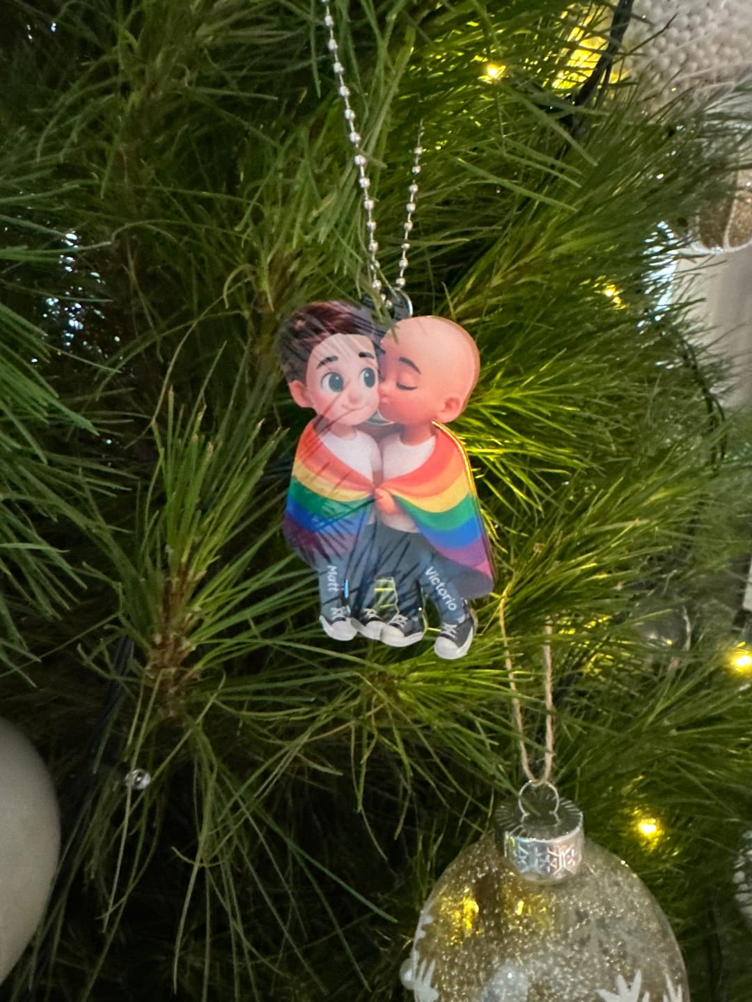 Customer photo review of Pride Month LGBT Couple Love Is Love Personalized Acrylic Christmas Ornament