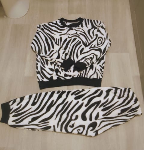 Customer's completed sweatshirt and pants set made with the Zebra Waves Cuddle Fleece Fabric.