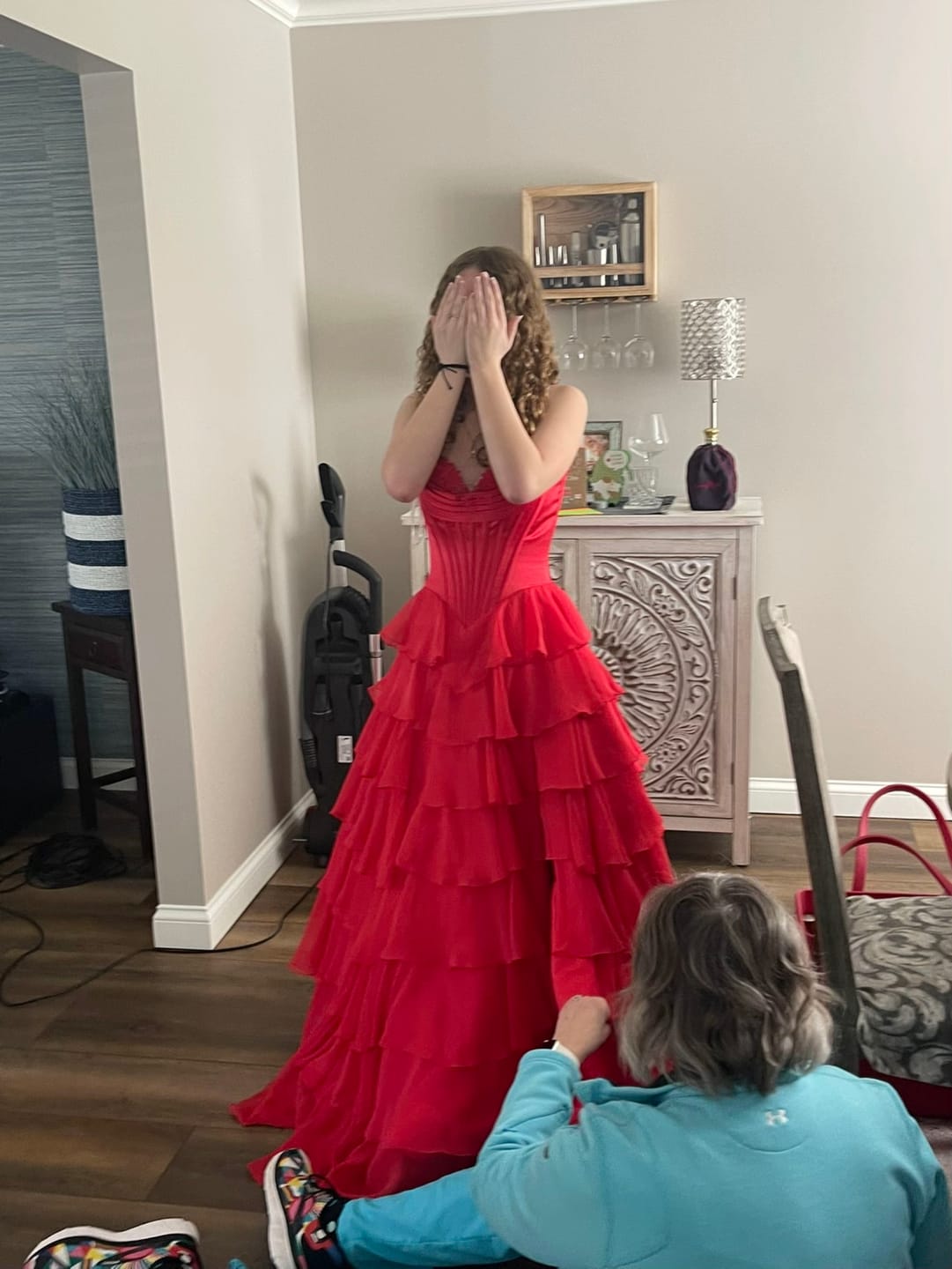 Customer photo review of Strapless Navy Blue Appliques Tiered Long Dress with Slit