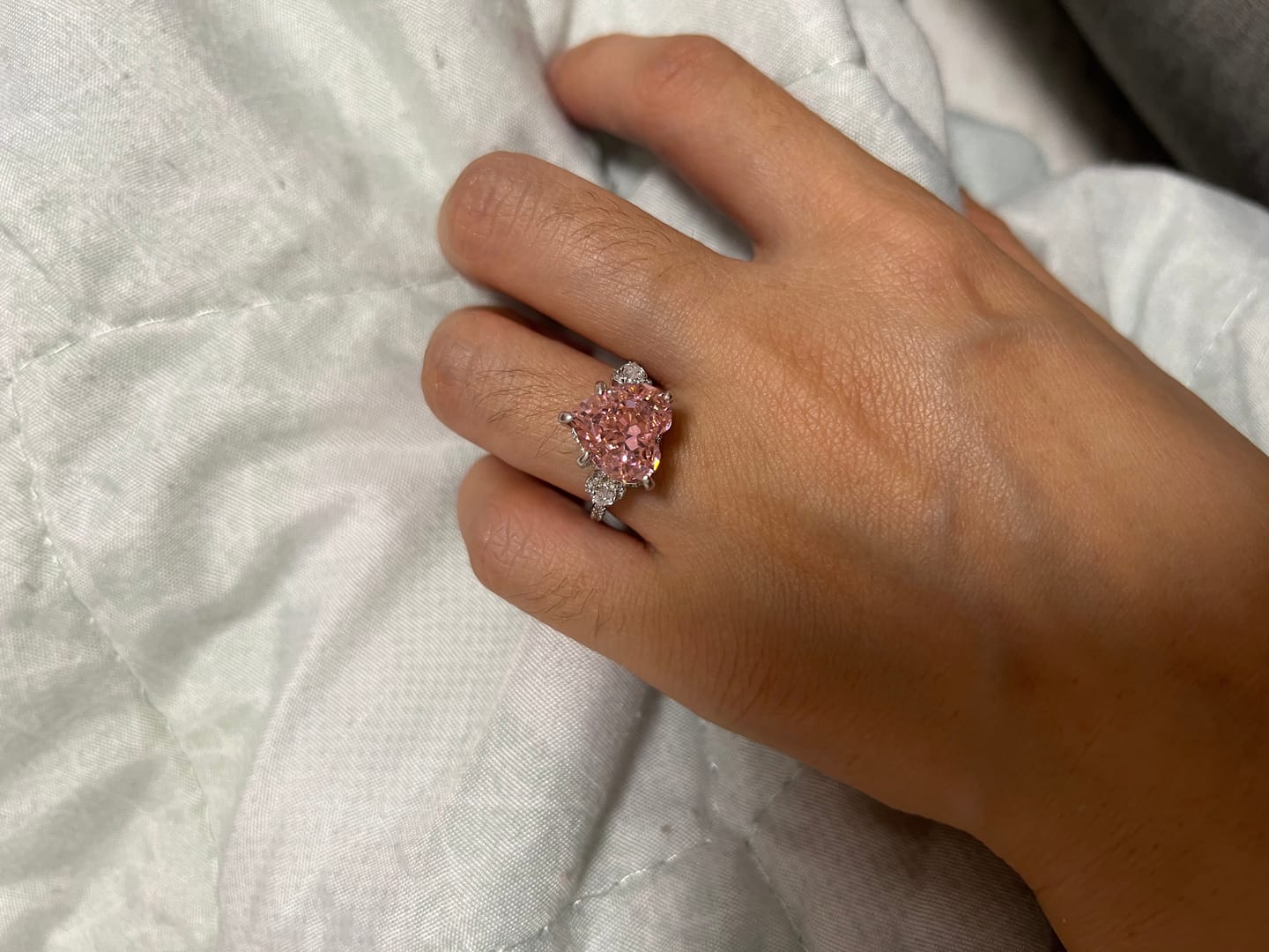 Customer photo review of S925 5.0Ct Heart Cut Royal Romantic Pink Stone Heart Cut Engagement Ring In Sterling Silver