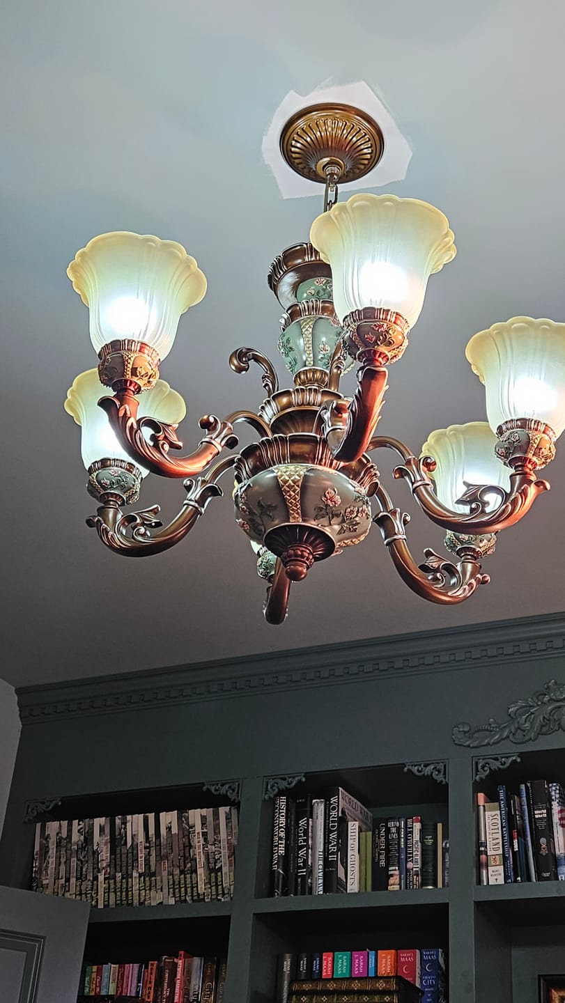 Customer photo review of Traditional Antique Ceramic Dining Room Chandelier with Frosted Flower Glass Shades