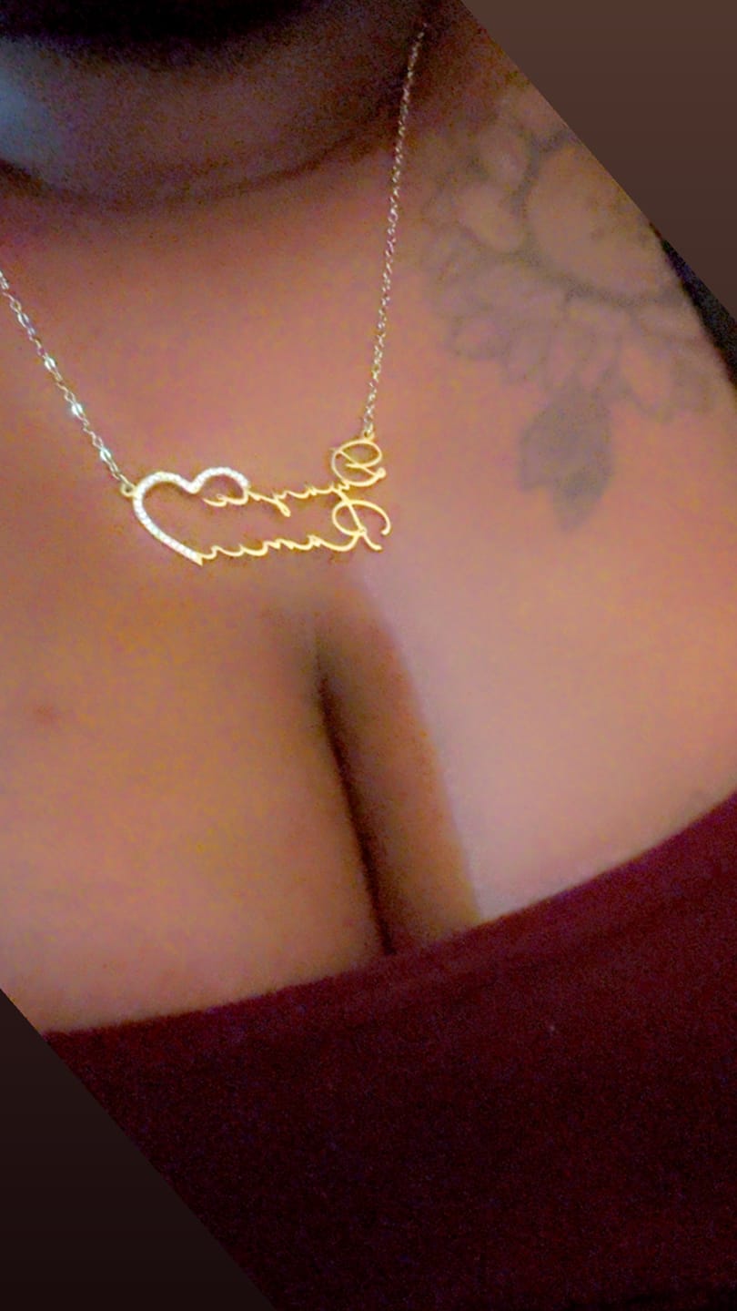 Customer photo review of Iced Heart Double Script Name Necklace