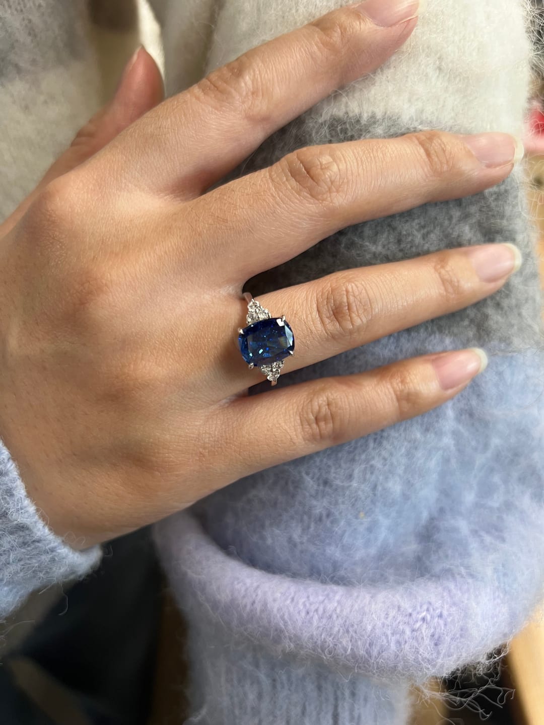 Customer photo review of 4.0Ct Cushion Cut Side Stone Engagement Ring Travel Ring In Sterling Silver