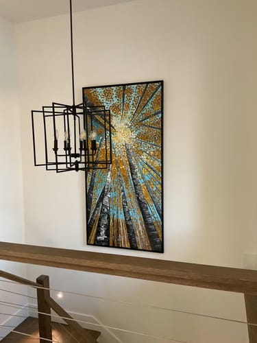 Customer photo review of Sunshine-Autumn Birch Tree Forest Oil Painting,Vertical Wall Art with Sunlight Through Treetops for Home Decor