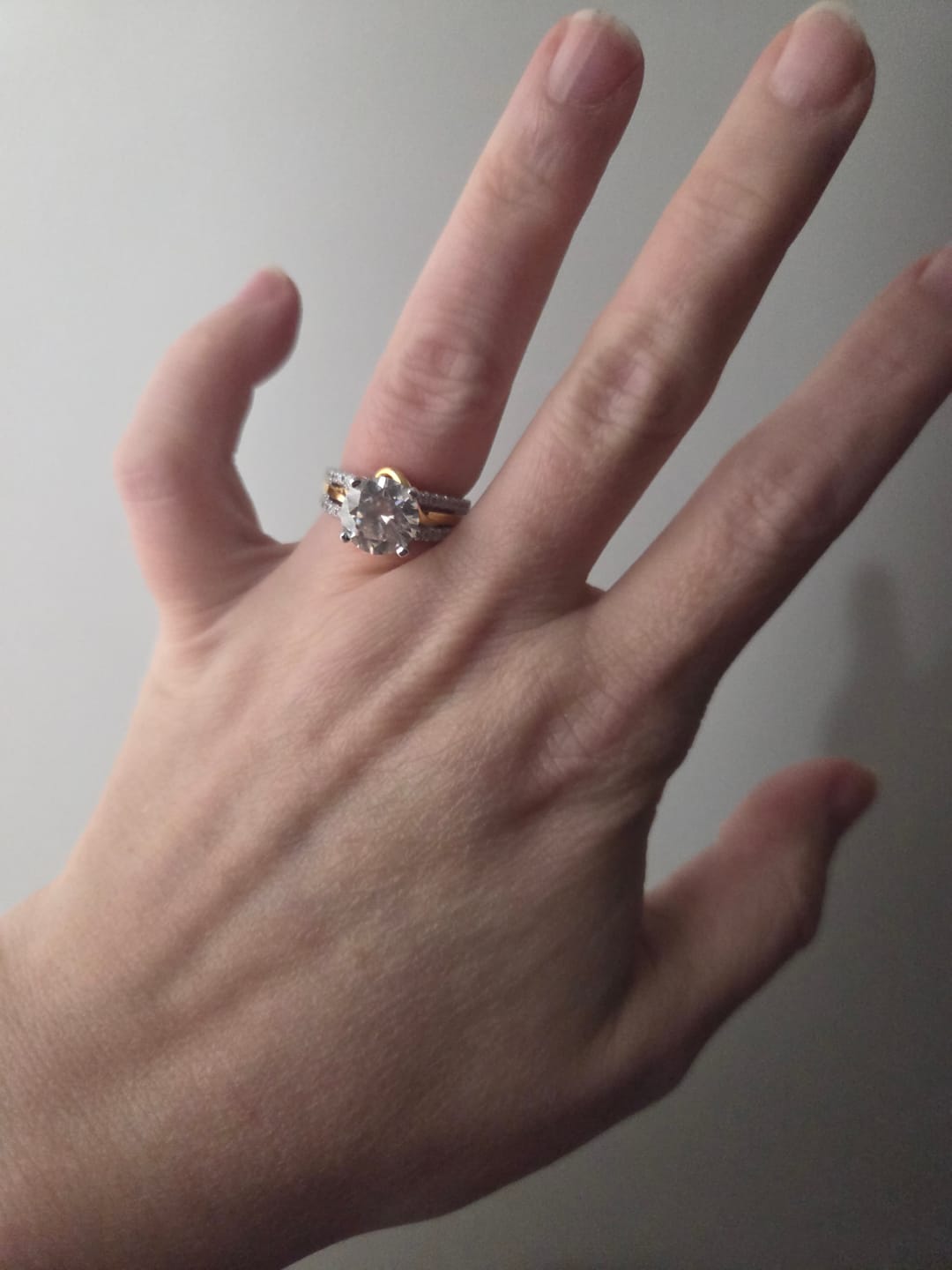 Customer photo review of Round Moissanite Two Tone Vine Split Shank Pave Engagement Ring