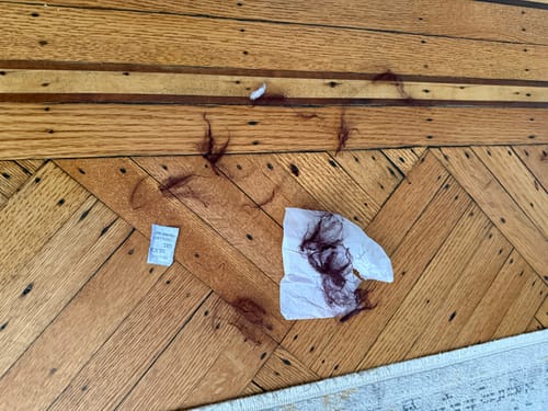 Reviewer shows clumps of shed fur from the Faux Fur Plush Long Coat on a wooden floor.