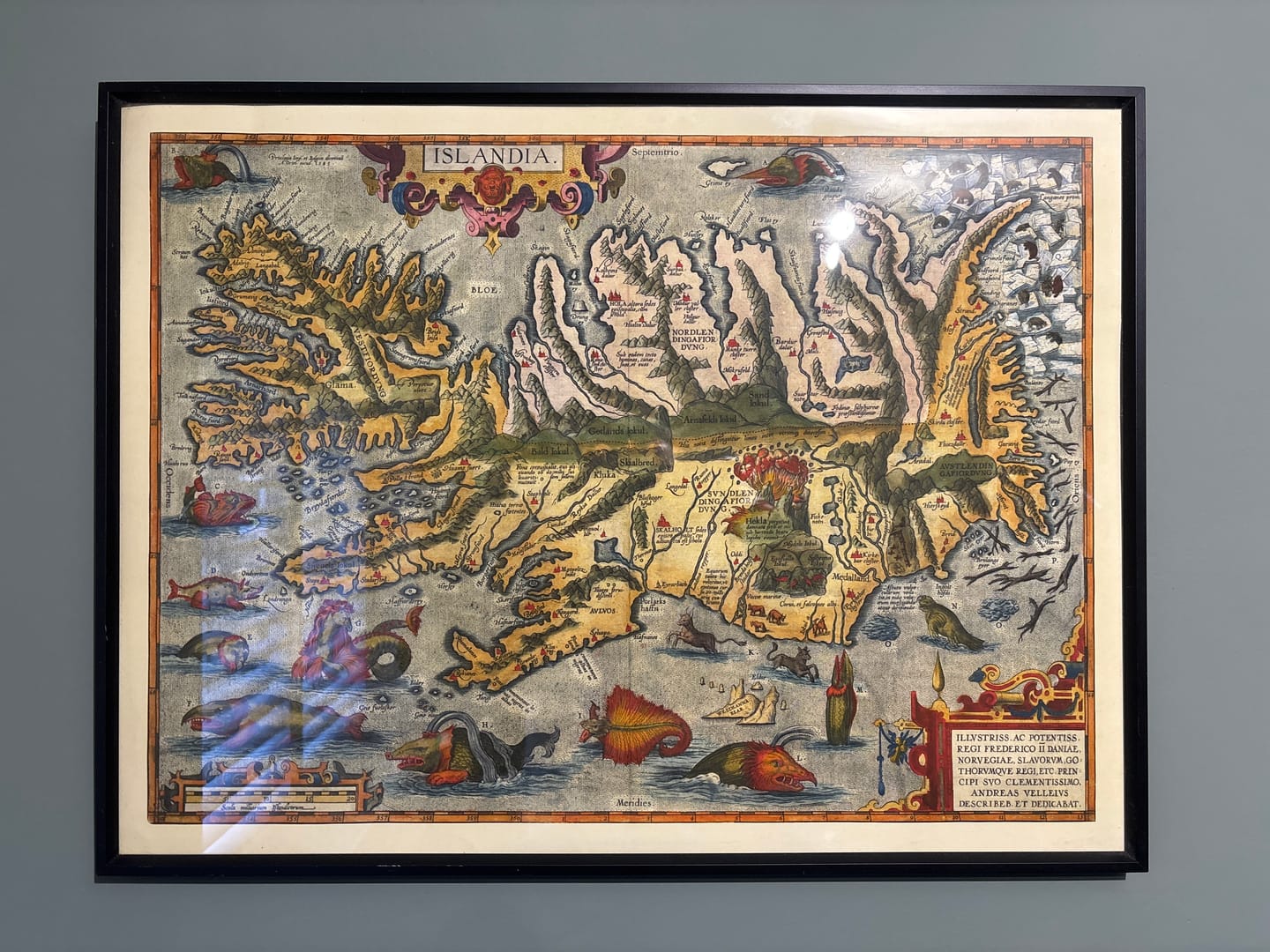 Customer photo review of Rare Old Map of Iceland by Ortelius, 1603 - Reykjavik, Keflavik, Volcanoes, Mountains, Fjords, Glaciers, Sea Monsters