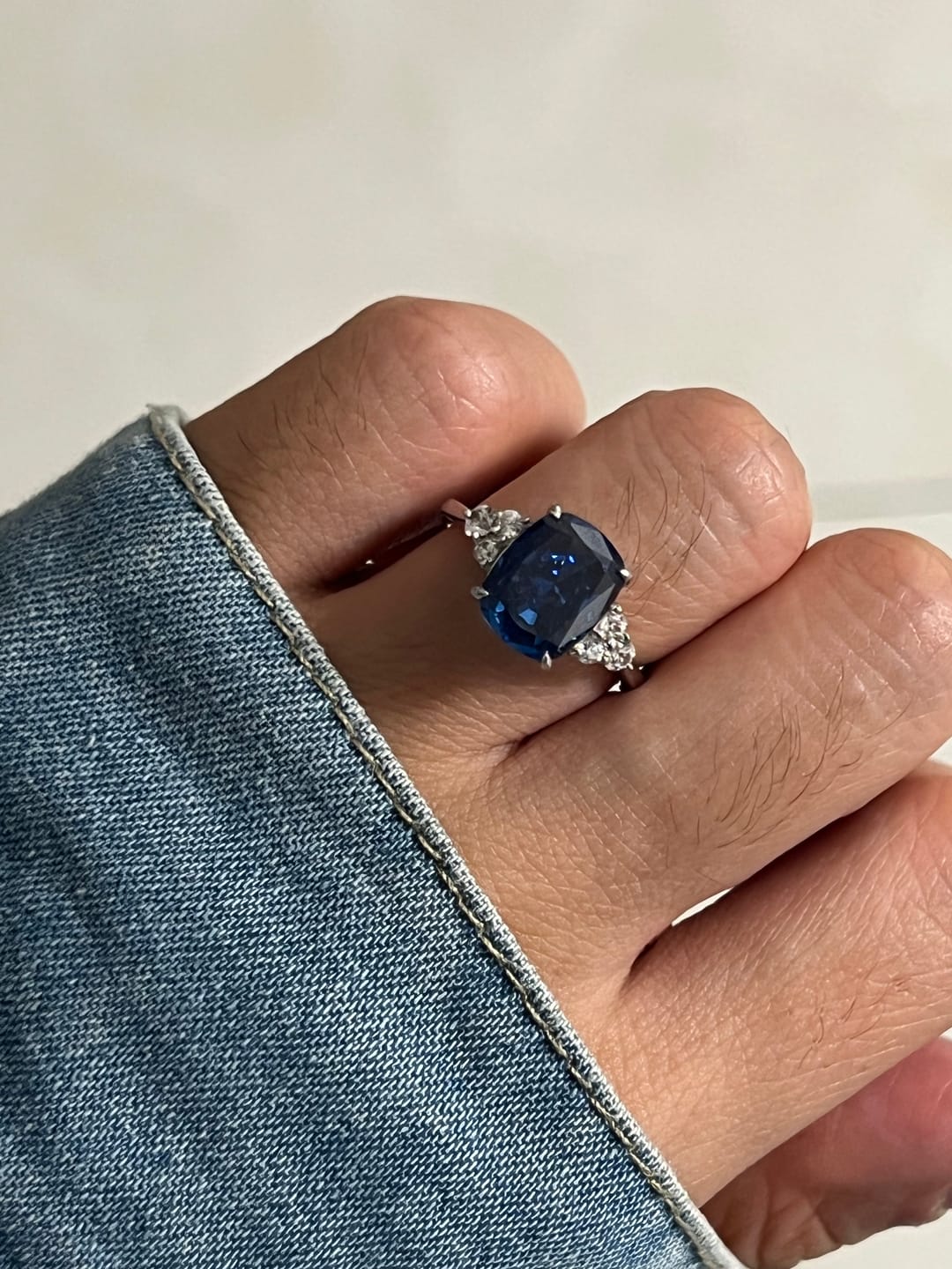 Customer photo review of 4.0Ct Cushion Cut Side Stone Engagement Ring Travel Ring In Sterling Silver