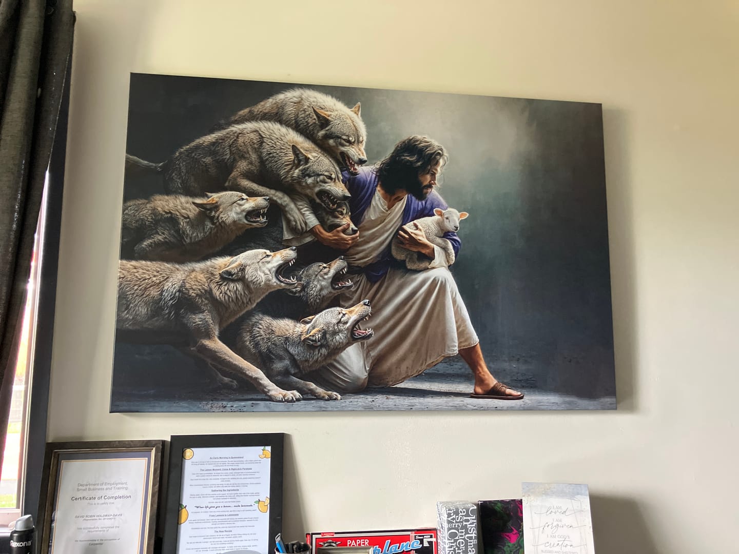 Customer photo review of Jesus Protects The Lamb From Wolves Wall Art Canvas