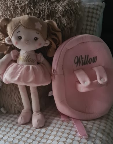 Customer's Personalized Princess Starlet Doll and matching pink Backpack, both embroidered with the name 'Willow'.