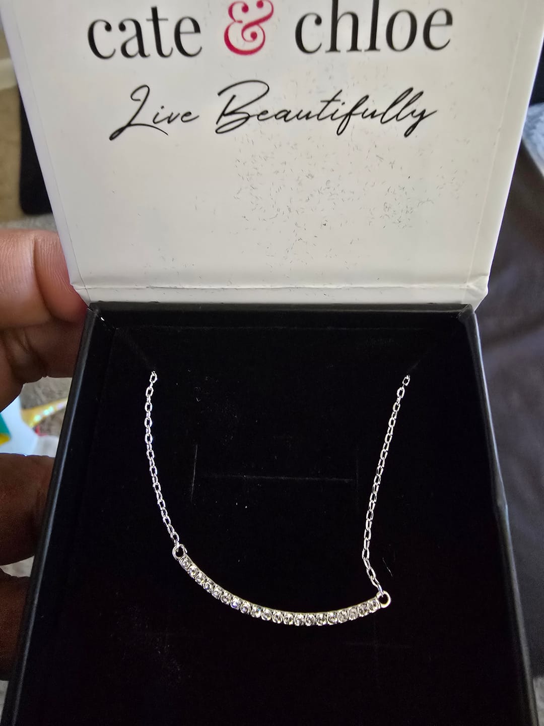 Customer photo review of Tiana 18k White Gold Plated Linear Pendant Necklace with Swarovski Crystals