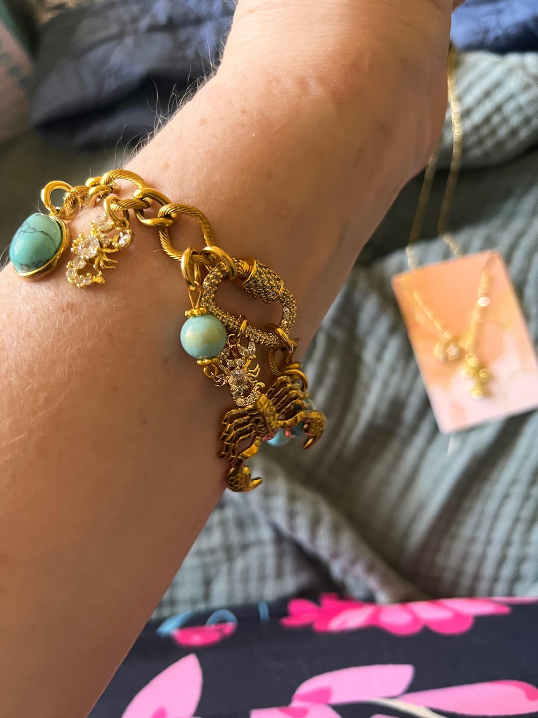 Customer photo review of Design Your Own Custom Handmade Charm Bracelet or Anklet- 18 Karat Gold Plated-Stainless Steel- 3 to 20 Charms- 3 charms Included In Base Price Double Layer Option- Carabiner or Toggle Option