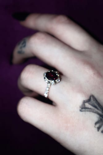 Customer photo review of Bluebird™ Rhodolite Garnet & 0.50ct TW Diamond Ring in 9ct Yellow Gold