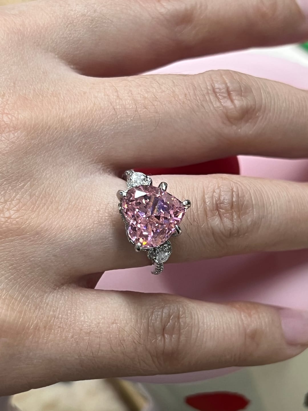Customer photo review of S925 5.0Ct Heart Cut Royal Romantic Pink Stone Heart Cut Engagement Ring In Sterling Silver