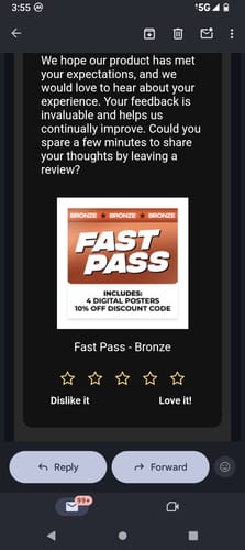 Customer's screenshot of an email requesting a review for the Fast Pass - Bronze digital product.