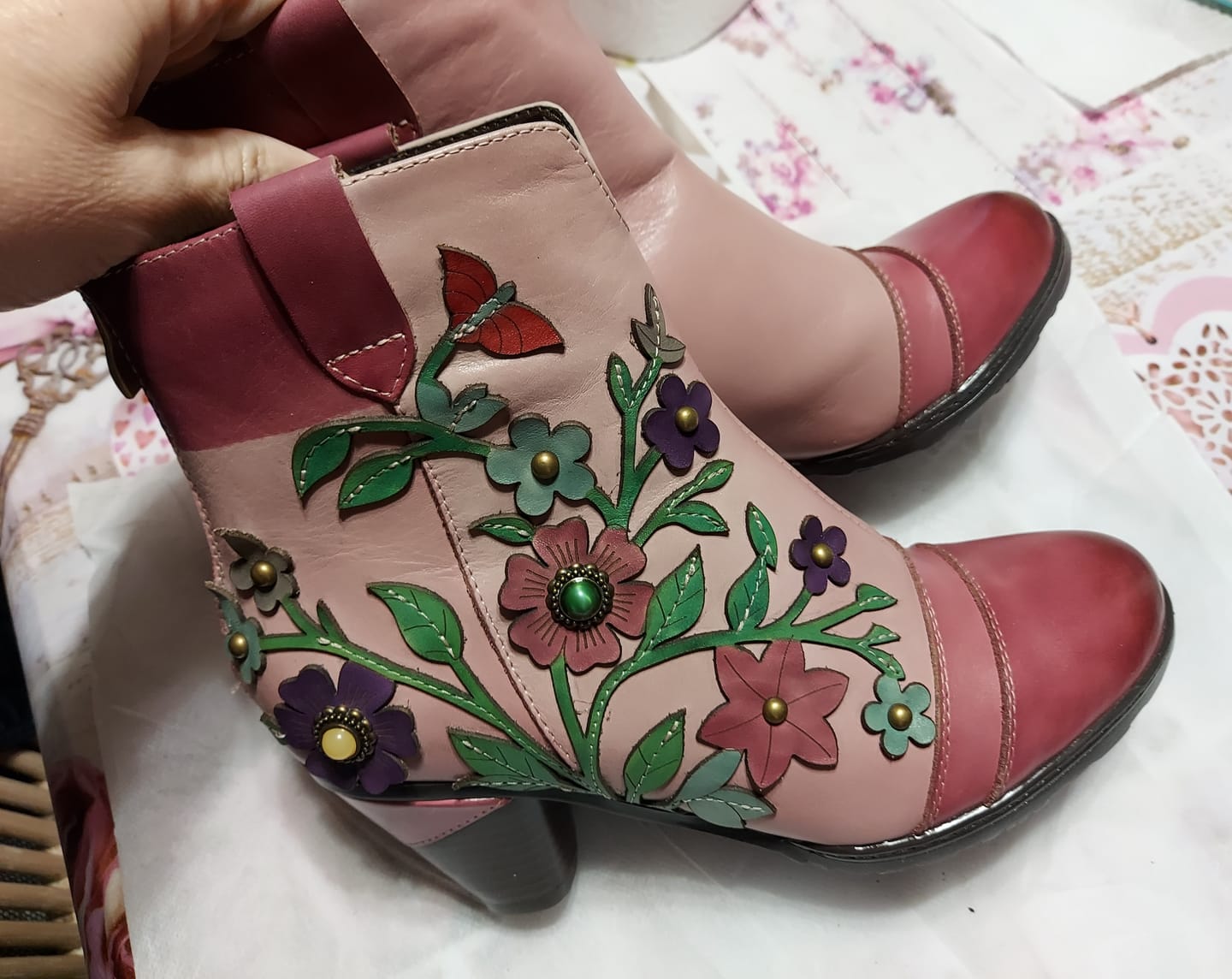 Customer photo review of Grace Blossom Pink Ankle Boots
