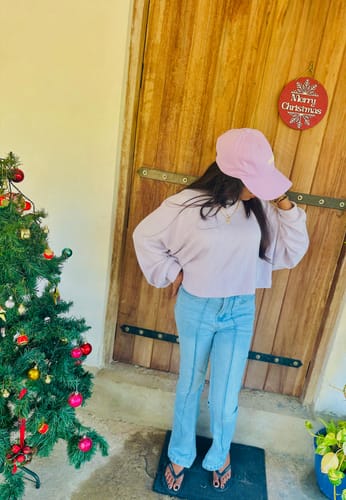 Customer photo review of Classic Violet Raglan Sleeve Crop Pullover