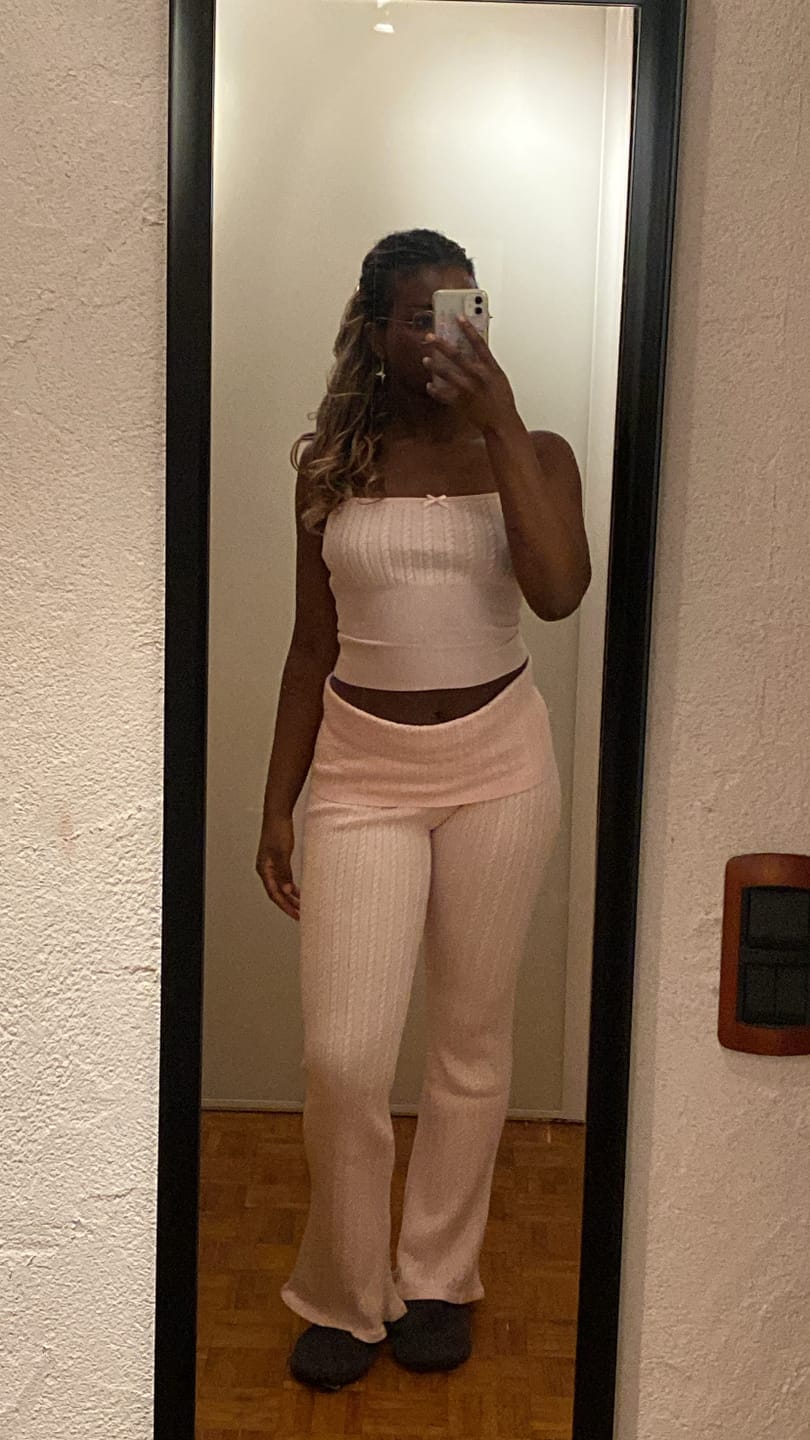 Customer photo review of Colette Cable Knit Fold‑Over Pants