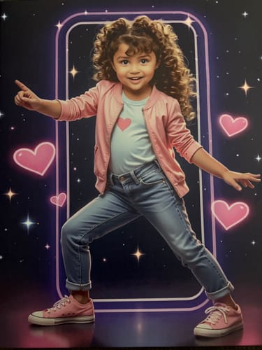 Customer's personalized 'The TikTok Dancer' portrait of a child posing in a pink jacket inside a glowing neon frame.
