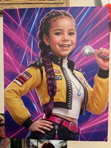 Customer's K-Pop Queen The Magic Beats personalized portrait of a smiling girl in a yellow jacket holding a microphone.