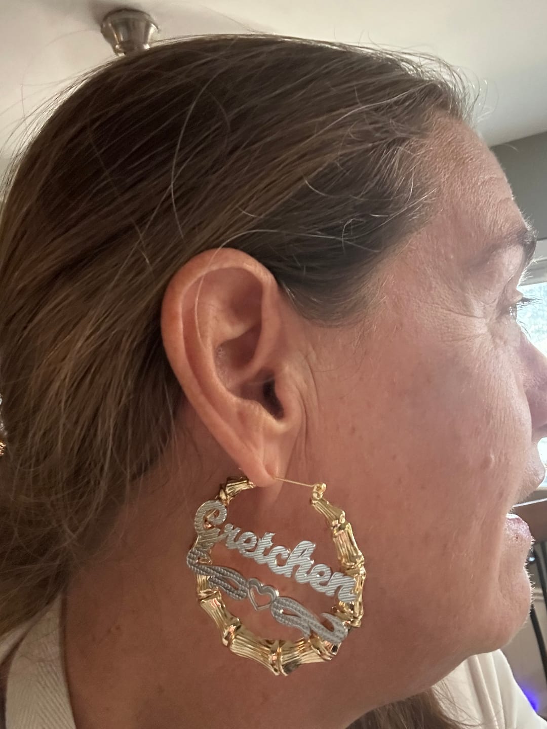 Customer photo review of Double Plated Heart Outline Bamboo Name Hoop Earrings