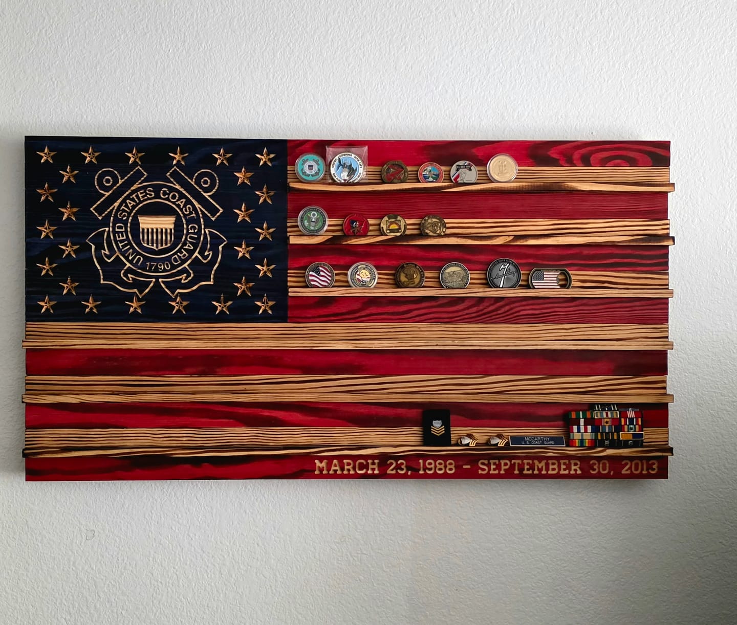 Customer photo review of Challenge Coin Display Rack Holder - Rustic American Flag