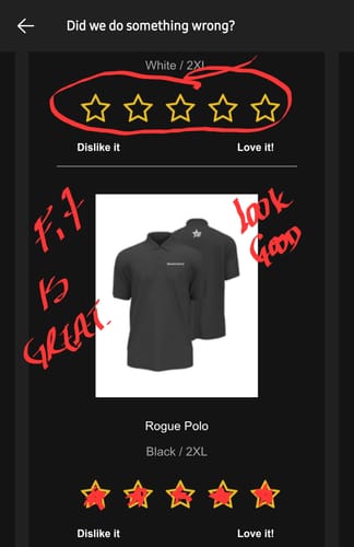 Customer's screenshot of a 5-star review for the black Rogue Polo, with notes praising its great fit and good looks.