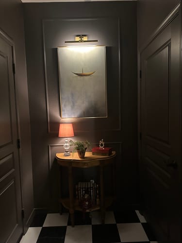 Customer photo review of Solitude Voyage: Contemporary Minimalist Wall Art - Neutral Brown & Grey with Gold Boat