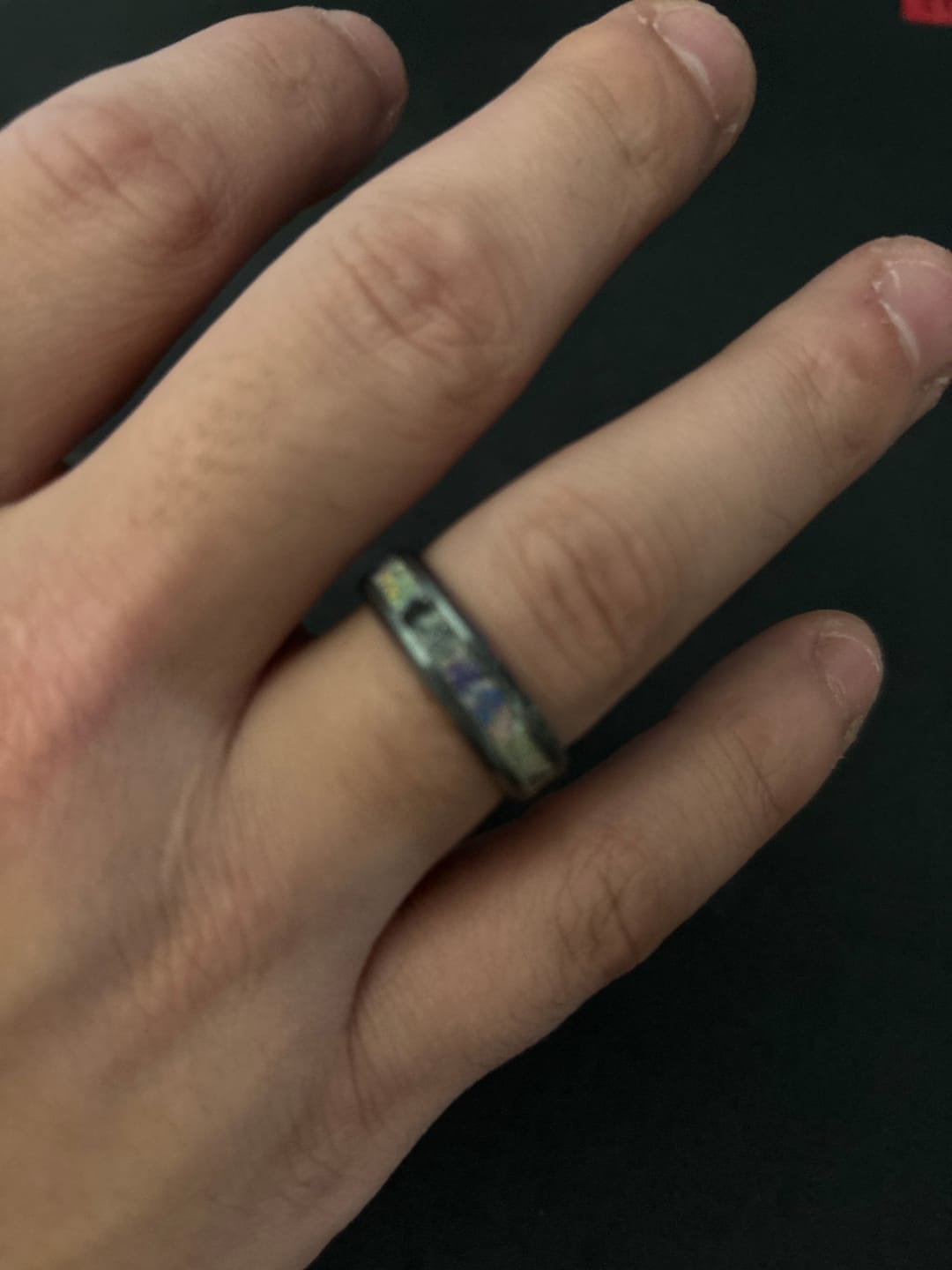 Customer photo review of Tungsten Opal Ring with Cremation Ashes