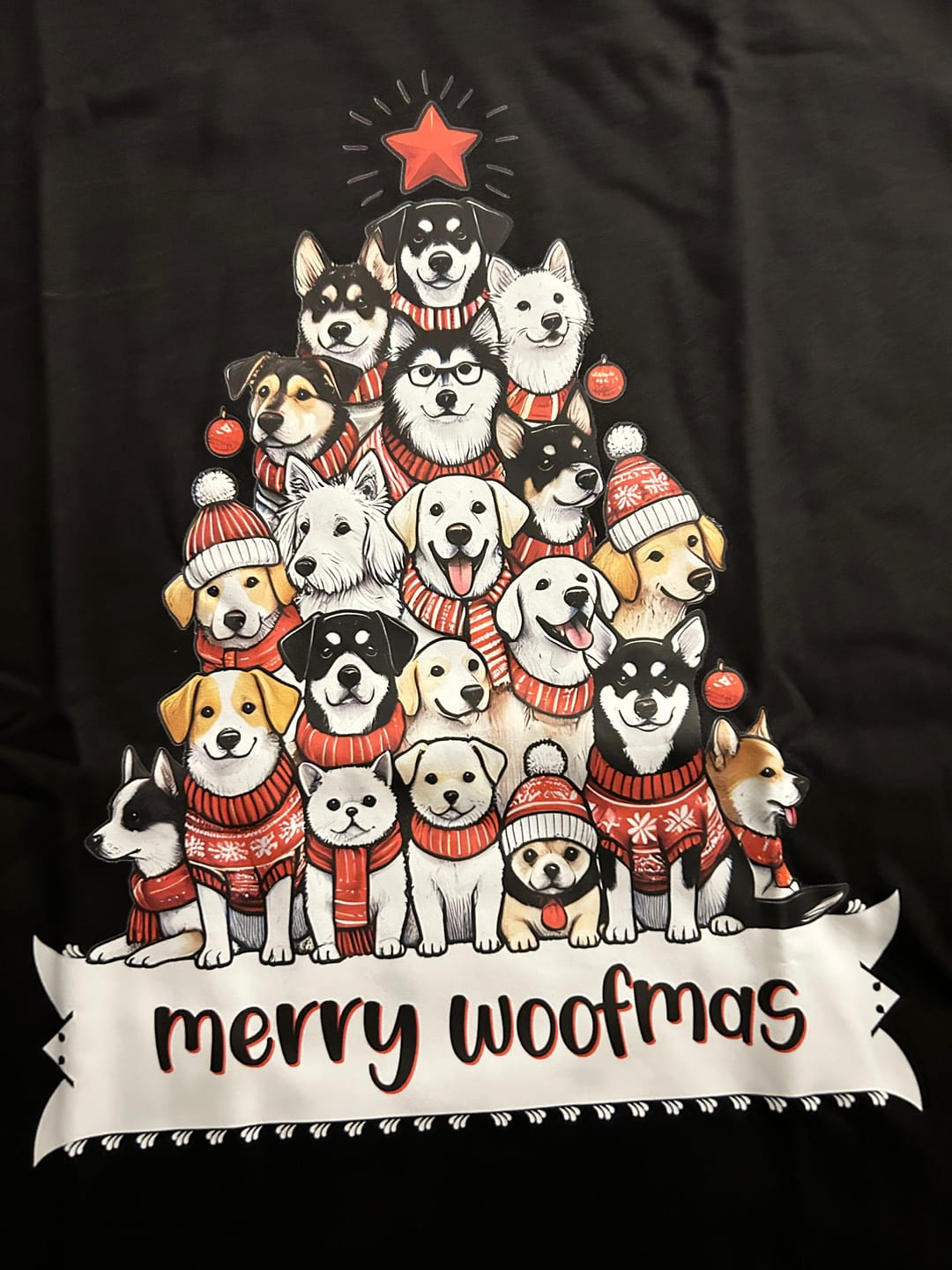 Customer photo review of "Merry Woofmas" T-Shirt – Cute Dog Christmas Tree Design for Dog Lovers | Unisex Fit