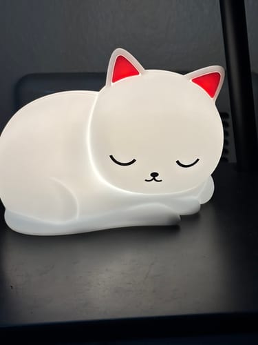 Customer's napping cat LED night light glowing with a soft white light on a bedside table.
