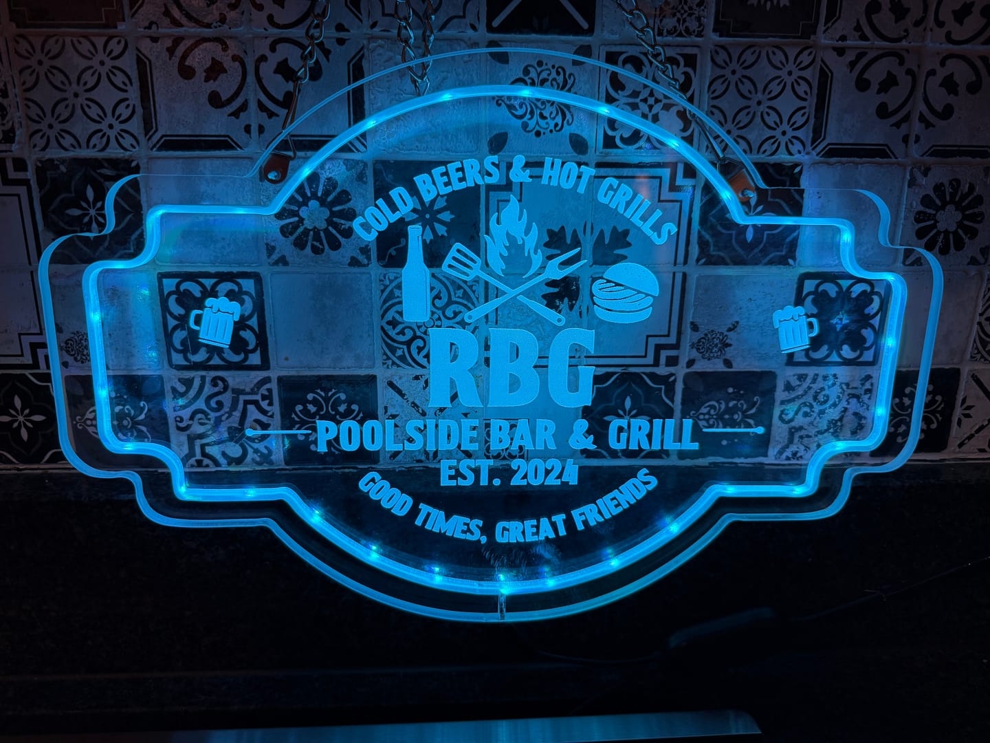 Customer photo review of Personalized LED Color Changing Acrylic Backyard Bar & Grill Burger Sign