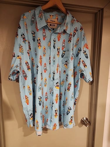 Customer's Disney "Board Buddies" shirt on a hanger, showing its light blue color and colorful surfing character print.