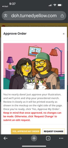 Reviewer's 'Turn Me Yellow' digital portrait of their son and daughter-in-law holding two cats.