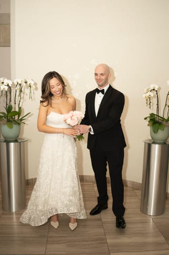 Customer photo review of Jane Strapless High-Low Gown by Bariano - RENTAL