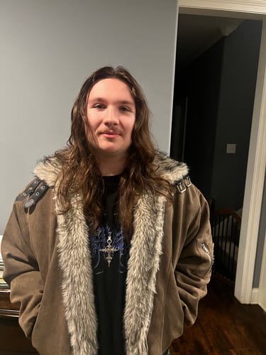 Customer photo review of Omirad Faux Fur Collar Suede-Texture Buckle Bomber Jacket