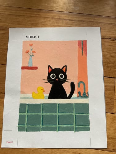 Customer's finished painting from The Black Cat Set, showing a cat in a green tub with a duck.