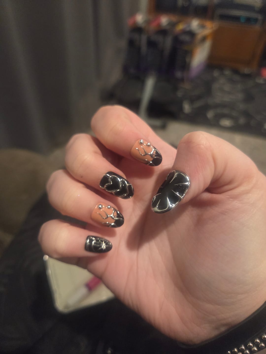 Customer photo review of Black Press On Nails, Gothic Punk Rock Nails, Goth Silver Mirror Effect With Nude French DarkNailz