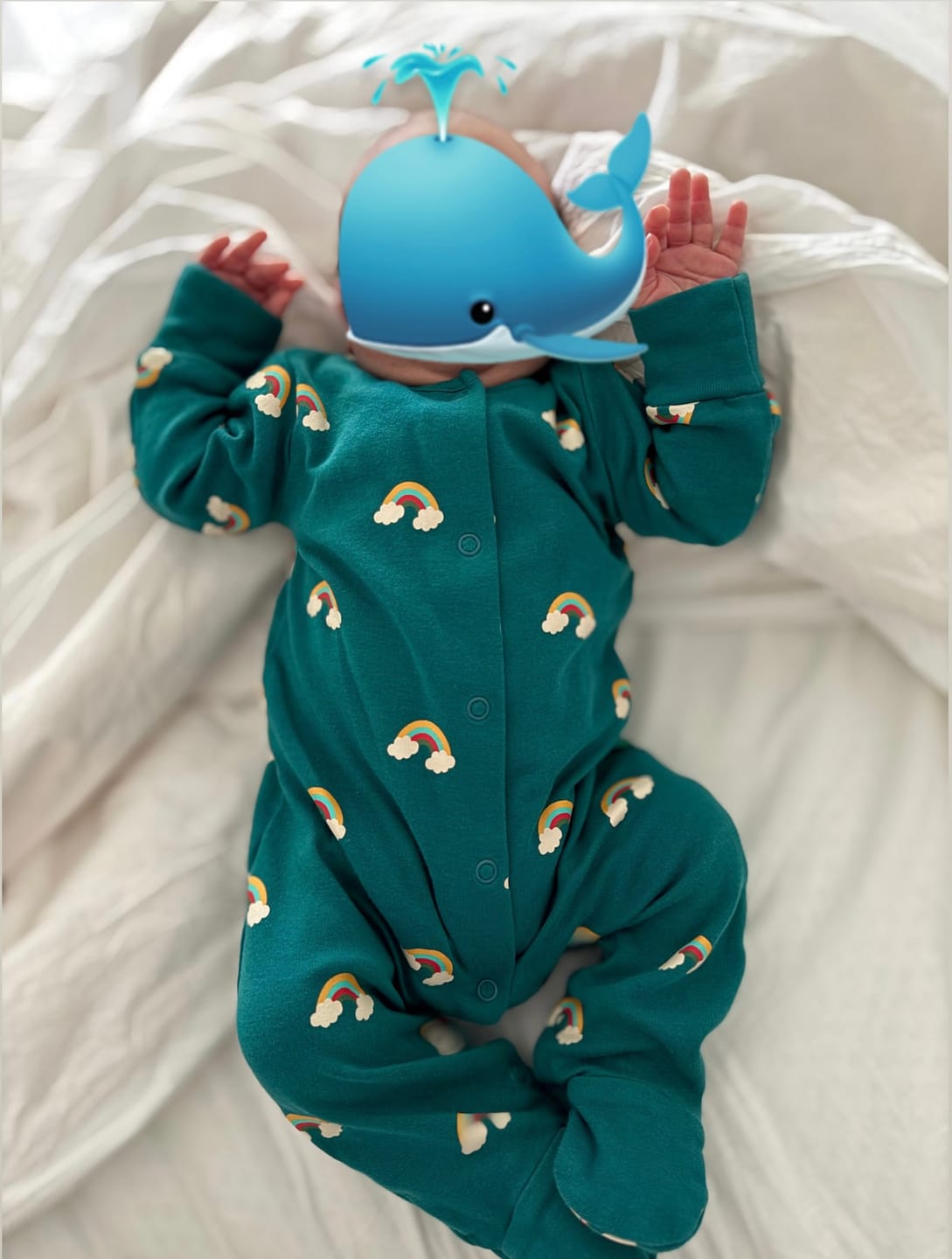 Customer photo review of Turquoise Rainbows Organic Babygrow